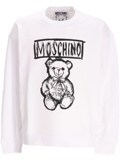 white cotton logo print to the front crew neck long sleeves ribbed cuffs and hem Teddy Bear Sweater, Moschino Sweatshirt, Moschino Teddy Bear, Teddy Bear Print, Moschino Couture, Moschino Logo, Bear Print, Engineered Garments, Print Sweatshirt