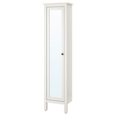 a tall white cabinet with glass doors on the front and bottom shelves, against a white background