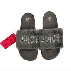 Juicy Couture Womens J-Wrapped Faux Fur Slip-On Slide Slippers Shoes Faux Fur Sandals, Sandal Slides, Fur Sandals, Juicy Couture Shoes, Couture Shoes, Slide Slippers, Slippers Shoes, Shoes Grey, Slipper Shoes