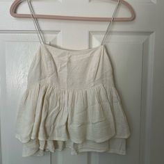 White Blouse From Urban, Could Fit 0-6ish White Feminine Spaghetti Strap Top, White Feminine Tank Top For Spring, Summer Beige Tops For Daytime, Beige Tops For Daytime Summer, Beige Tops For Daytime Summer Wear, White Summer Top For Day Out, White Summer Tops For Day Out, Urban Outfitters Cotton Tank Top For Summer, White Tank Top For Brunch