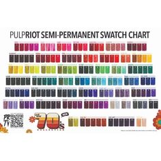 Pulp Riot Semi Permanent Hair color - All Shades 4 fl.oz / 118ml Semi-permanent, direct-dye color that allows you to create color masterpieces. Pulp Riot is the the first vibrant hair color that is also vegan, gluten-free & cruelty free! Pulp Riot is easy to use and requires no developer. The future of hair looks more colorful than ever with Pulp Riot. Key ingredients such as quinoa help protect, strengthen, repair and moisturize the hair. Does not contain ammonia, PPD, MEA or parabens. Pulp Rio Pulp Riot Hair Color Swatches, Hair Knowledge, Hair Color Swatches, Vibrant Hair Color, Wild Hair Color, Punky Color, Red Names, Pulp Riot Hair Color, Mulberry Bush