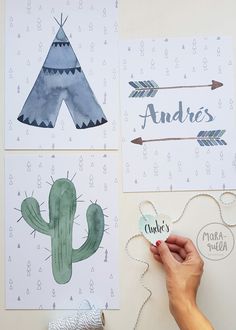 handmade greeting cards with watercolor drawings and native american designs on them, including a teepee tent