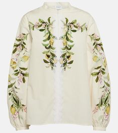 Embroidered cotton blouse in white - Giambattista Valli | Mytheresa Yellow Embroidered Cotton Shirt, Yellow Long Sleeve Blouse With Floral Embroidery, Cream Embroidered Cotton Tops, Spring Cream Cotton Shirt, Long Sleeve Cream Cotton Blouse, Elegant Embroidered Yellow Top, Cream Cotton Top With Floral Embroidery, Elegant Yellow Embroidered Top, Spring Cotton Tops With Lemon Print