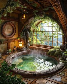 an outdoor hot tub in the middle of a room with windows and plants around it