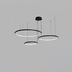 two circular lights suspended from the ceiling in front of a gray sky with no clouds