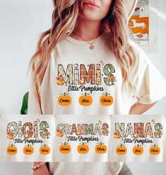 "🍂✨The \"Fall Mimi's Little Pumpkins\" shirt is a delightful expression of seasonal joy and familial love. Made from soft, comfortable fabric, it embraces the warm hues and cozy vibes of autumn. The design showcases an adorable illustration of Mimi, Grandma, Nana and Gigi, affectionately known as grandma, surrounded by a group of cute pumpkins.  ✨UNISEX COMFORT COLORS C1717 SHORT SLEEVE TEE✨ ➡️Features: * Unisex sizing. * 100% ring-spun cotton * Relaxed fit * Sewn-in twill label * Medium fabric (6.1 oz/yd² (206.8 g/m Want the trendy oversized dress look? Order 2 sizes larger than your usual size. 📏👚Easy measuring tip: Take your favorite shirt, lay it on a flat surface and measure the width (armpit to armpit) and length (top to bottom) and compare with your favorite shirt. ✨For sizing, c Fall Birthday Crew Neck Tops, Cute Name Print Tops For Fall, Cute Tops With Name Print For Fall, Graphic Print Tops For Birthday In Fall, Fall Crew Neck Birthday T-shirt, Crew Neck Birthday T-shirt For Fall, Cute Fall Birthday Tops, Fall Birthday Tops With Name Print, Casual Tops For Fall Birthday