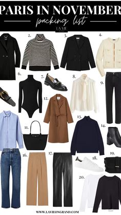 What to pack for Paris in November. If you’re heading to Paris during Fall and winter, here’s 20 pieces to pack. Paris Autumn Style, Paris In November Outfits 2022, Packing List For Paris In Fall, Classic Fall Wardrobe Pieces, Paris Autumn Capsule Wardrobe, Paris Fall Fashion 2023, Timeless Autumn Outfits, Autumn In Europe Outfit, Autumn Classic Outfits