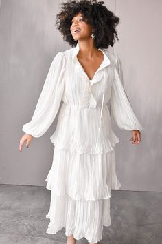 Odette Ruffle Mock Neck Tiered Midi Dress - White $138 - Free Shipping Tiered Dresses, Tier Dress, Starburst Earrings, What To Wear Today, Tiered Midi Dress, Mock Neckline, White Midi Dress, Tiered Skirt, Necktie