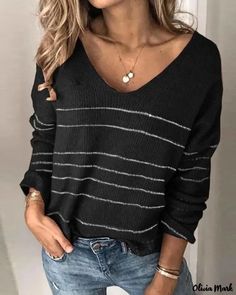 Olivia Mark - Casual V-Neck Striped Knit Sweater Sweater Tops, Trendy Fashion Outfits, Casual Stripes, Loose Sweater, Black Sweater, Casual Sweaters, Striped Sweater, Womens Fall, Striped Knit