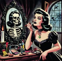 a woman is looking at her skeleton in the mirror