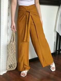 Non-stretch Brown Pants For Beach, Solid High-waisted Harem Pants For Beach, Brown Wide-leg Beach Pants, Brown Vacation Trousers, High-waisted Brown Harem Pants For Summer, Summer High-waisted Brown Harem Pants, Wrap Pants Outfit, Bali Pants, Thailand Pants