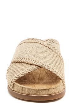 Slip into vacation mode whenever you're in this beautifully woven sandal set atop a cushy platform sole. 3/4" platform Cushioned footbed Textile upper/leather lining/rubber sole Imported Beige Open Toe Platform Slippers For The Beach, Comfortable Woven Leather Slip-on Sandals, Casual Natural Slides With Woven Sole, Comfortable Open Toe Wedge Sandals With Textured Footbed, Beige Cushioned Platform Slippers For Beach, Comfortable Beige Synthetic Platform Slippers, Vacation Slides With Woven Straw Sole, Natural Color Slip-on Sandals With Cushioned Footbed, Comfortable Platform Wedge Sandals