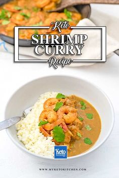 shrimp curry recipe in a bowl with rice and garnish