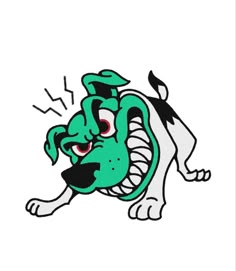 a green and white dog with its mouth open