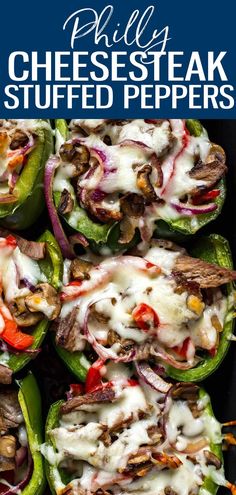 grilled stuffed peppers with cheese and onions on top, in a black baking dish