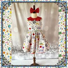 The perfect dress for back to school. Dress is made from back to school items print cotton fabric.  Handmade with love💕 Includes 1 dress and a red coordinating hair bow.  * Placement : Each dress is custom made so the pattern placement will vary for each dress. Making each dress unique.  Dresses are 100% made by me in my pet free smoke free house. Dress is crafted using 100% cotton fabric and is serged and lined for a professional finish. This dress is pictured with a red petticoat to show details. If you would like the fullness and puffiness like the picture please select the style with petticoat option. Please refer to sizing guide to make sure you are purchasing the correct size for your little girl. This dress is made to order. It will take me about 1-2 weeks to make and then ship out Sleeveless Cotton School Dress, Multicolor Sleeveless Dress For School, Playful Cotton Dresses For School, Fun Fitted Dress For School, Multicolor Summer Dress For School, Playful Fitted Dress For School, Fitted Dresses For End Of School Year, Retro Cotton School Dress, Multicolor Cotton School Dress