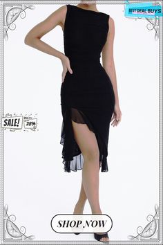 Women's Fashion Mesh Pleated Ruffle Irregular Mid Length Slim Low Back Sleeveless Dress Knee-length Chiffon Sleeveless Party Dress, Sleeveless Stretch Asymmetrical Party Dress, Ruched Asymmetrical Sleeveless Party Dress, Sleeveless Ruched Asymmetrical Dress For Party, Black Sleeveless Dress With Asymmetrical Hem For Party, Flirty Sleeveless Asymmetrical Dress For Party, Sleeveless Ruched Asymmetrical Party Dress, Flirty Sleeveless Asymmetrical Party Dress, Strapless Ruffle Sleeveless Dress For Night Out