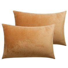 two brown velvet pillows sitting next to each other