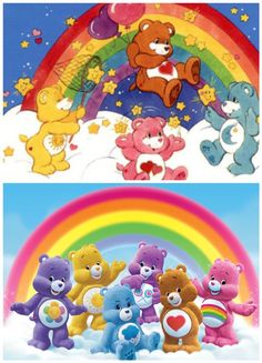 there are many different colored teddy bears in the sky with a rainbow and stars above them