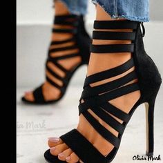 Olivia Mark - Stylish Elastic Strap High Heeled Sandals Ankle Wrap Heels, Wedding High Heels, Gladiator High Heels, Gladiator Shoes, High Heel Dress, Zippers Fashion, Peep Toe Shoes, Black Sandals Heels, Stiletto Sandals