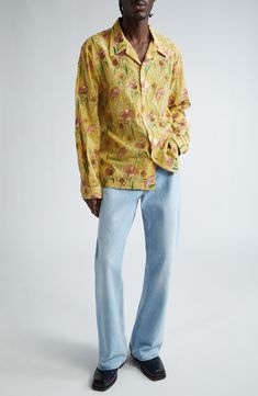 Embroidered hibiscus blooms and paisley flourishes brighten a camp shirt tailored from lightweight viscose with a straight hem to keep you untucked and casual. 29" length; 45" chest (size Medium) Front button closure Notched collar Long sleeves with button cuffs 100% viscose Dry clean Imported Designer Clothing Embroidered Hibiscus, Yellow Fits, Floral Sleeve, Perfume Gift Sets, Camp Shirt, Fabric Gift Bags, Fragrance Design, Tailored Shirts, Notched Collar