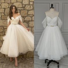 two dresses on mannequins, one in white and the other in ivory