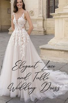 the elegant lace and tulle wedding dress is featured in this ad for an upcoming magazine