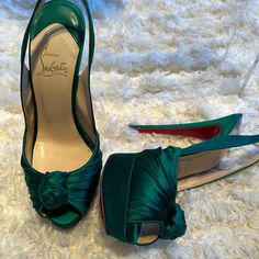 One Perfect Christmas Heels. Beyond Beautiful! Worn Twice. Close To New. Christmas Heels, Emerald Green Heels, Shoes Louboutin, Green Heels, Louboutin Heels, Satin Color, Louboutin Shoes, Perfect Christmas, Christian Louboutin Shoes