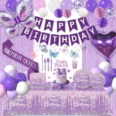 a birthday card with balloons, cake and decorations