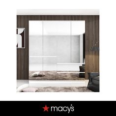 an advertisement for macy's furniture and home decor stores, featuring a modern bedroom