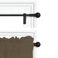 two curtains hanging on the side of a white door with black hardware and an open curtain rod