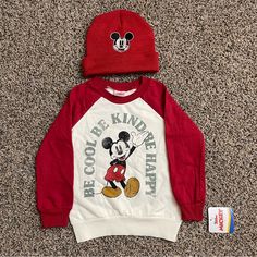 New With Tags Mickey Mouse Toddler Boy Sweatshirt “Be Cool Be Kind Be Happy” Long Sleeve Crew Neck With Matching Red Hat Size 3t Clean Smoke Free Pet Free Home Same Day Shipping Winter Letter Print Top For Playwear, Winter Tops With Letter Print For Playwear, Casual Mickey Mouse Tops For Playtime, Playful Mickey Mouse Top For Winter, Playful Mickey Mouse Winter Tops, Playful Mickey Mouse Winter Top, Fun Winter Tops For Playwear, Fun Winter Playwear Tops, Casual Mickey Mouse Tops For Playwear