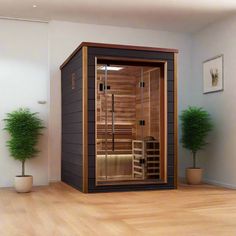 a room with a sauna and potted plants on the floor next to it