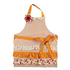 a child's apron with an orange flower on the front and yellow ribbon around the waist