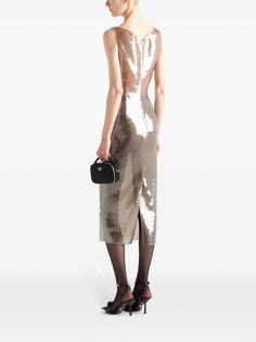 Prada Sequinned Midi Dress - Farfetch Prada Dress, Embroidered Tulle Dress, Tulle Midi Dress, Pearl Gray, Embroidered Tulle, Pearl Grey, Dress Cuts, Geometric Patterns, Tulle Dress