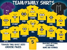 the team / family shirts are available for all ages to choose from, and have different faces