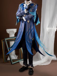 Includes: Coat, shirt, trousers, shawl, streamer, headgear, bow tie, gloves
Material: Embroidery, faux leather, soft yarn
Size: Female S-XL Harajuku Blue Cosplay Costume For Halloween, Harajuku Style Blue Cosplay Costume For Halloween, Blue Halloween Cosplay Costume, Blue Halloween Cosplay Costume For Costume Party, Blue Fantasy Costume For Halloween, Blue Fantasy Halloween Costume, Fitted Harajuku Costumes For Themed Events, Anime Cosplay Costume In Blue For Costume Party, Anime Style Cosplay Costume In Blue