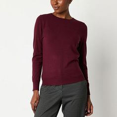 Essential for your everyday cold-weather styling this women's Worthington pullover sweater is made from super-soft knit and has a crew neckline, long sleeves, and ribbed trim.v Versatile to wear with tailored pants for the office or jeans for an off-duty day.Closure Type: Pullover HeadFit: Regular FitNeckline: Crew NeckSleeve Length: Long SleeveSleeve Style: Fitted SleeveApparel Length: 24.5 Inches - Back, 25 Inches - FrontFiber Content: 64% Polyester, 36% ViscoseCare: Machine WashCountry of Ori Burgundy Crew Neck Sweater For Fall, Fine Knit Winter Sweatshirt, Burgundy Crew Neck Sweater, Burgundy Crew Neck Top For Layering, Fall Workwear Crew Neck Sweatshirt, Winter Workwear Sweatshirt With Crew Neck, Red Fine Knit Crew Neck Sweater, Fine Knit Crew Neck Winter Sweatshirt, Burgundy Knit Sweater For Layering