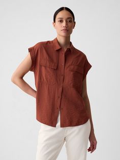 Soft woven blend utility shirt.  Point collar.  Short sleeves.  Button front.  Patch pockets at chest.  * Fit: Classic.  A straight & easy fit.  Hits at the hips.  Models wearing Gap Utility Shirt, 50 Off Sale, Smoked Paprika, New Woman, Toddler Boys, New Outfits, Patch Pocket, Gap, Short Sleeves