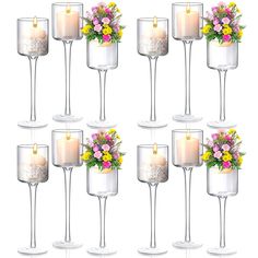 six wine glasses with flowers and candles in them on a white background, set of eight