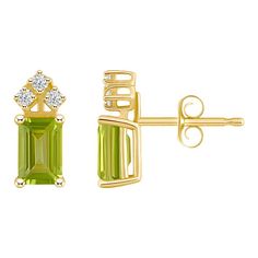 Featuring emerald-cut peridot gemstones and dazzling diamond accents, these stylish studs complete your elegant look. Featuring emerald-cut peridot gemstones and dazzling diamond accents, these stylish studs complete your elegant look. Length: 1/2 in. Backings: post Metal: 14k gold Plating: rhodium Finish: polished Packaging: boxedSTONE DETAILS Stone type: peridot Total weight: 1 3/8 ct. Stone size: 6 mm x 4 mm Shape: emerald cut Setting: prongDIAMOND DETAILS Total weight: 1/8 ct. Shape: round b Emerald Cut Green Earrings With Diamond Accents, Green Emerald-cut Earrings With Diamond Accents, Green Diamond Earrings With Diamond Accents, Green Gemstone Diamond Earrings, Yellow Gold Stud Earrings, Post Metal, Back Jewelry, Gold Stud Earrings, Peridot Gemstone