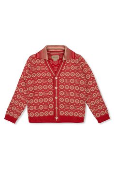 Red and beige cardigan with a logo pattern from Gucci Kids. Made of cotton. Composition: 100% Cotton Gucci Designer Jacquard Knit Cardigan, Designer Gucci Jacquard Knit Cardigan, Logo Pattern Long Sleeve Sweater For Fall, Gucci Luxury Cotton Outerwear, Luxury Gucci Cotton Outerwear, Long Sleeve Sweater With Logo Pattern For Fall, Luxury Gucci Winter Top, Gucci Luxury Tops For Winter, Red Gucci Cotton Top