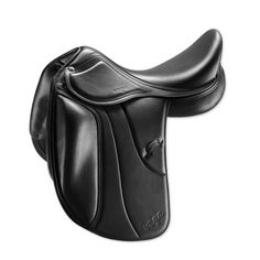 a close up of a black saddle on a white background