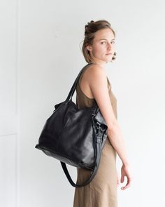 Sale -Large black leather Bag - Large zipper tote - Leather Laptop bag - Black cross body tote - boh Crossbody Shoulder Bag With Handle Drop For Everyday Use, Everyday Crossbody Shoulder Bag With Handle Drop, Versatile Weekender Tote Bag With Detachable Strap, Versatile Weekender Bag With Detachable Strap, Chic Everyday Weekender Bag With Detachable Strap, Modern Crossbody Weekender Bag With Adjustable Strap, Minimalist Tote Bucket Bag, Chic Soft Leather Weekender Bag, Everyday Weekender Tote Bag With Detachable Strap