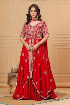 Red anarkali with floral dabka, cutdana, beads and sequins embroidery. Paired with coordinating solid sharara and dupatta. - Aza Fashions Red Dabka Lehenga For Reception, Red Semi-stitched Choli With Dabka Details, Red Semi-stitched Choli With Dabka, Red Anarkali Set With Dabka For Reception, Red Traditional Wear With Dabka For Reception, Red Designer Dabka Anarkali Set, Designer Red Anarkali Set With Dabka Embroidery, Red Anarkali Choli With Dabka Details, Red Anarkali Set With Dabka For Designer Wear