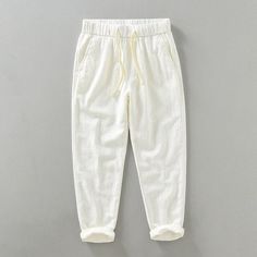 Comfortable White Summer Pants, White Casual Harem Pants With Elastic Waistband, Casual Linen Harem Pants For Summer, Casual White Harem Pants With Elastic Waistband, White Summer Leisure Pants, Relaxed Harem Pants With Elastic Waistband For Summer, Relaxed Summer Harem Pants With Elastic Waistband, Summer Leisure Harem Pants Relaxed Fit, Summer Leisure Harem Pants With Relaxed Fit