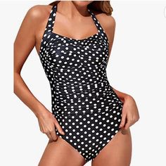 Temp Me Polkadot Swimsuit Halter Ties At Neck Black And White Ruched Tummy Control Never Worn Size L Amazon Sleeveless Swimwear For The Beach, Fitted Sleeveless Swimwear By Amazon, Poolside Fitted Polka Dot Tankini, Polka Dot Fitted Tankini For Poolside, Fitted Polka Dot Tankini For Beach, Amazon Fitted Beachwear Swimwear, Fitted Amazon Beachwear Swimwear, Polka Dot Fitted Tankini For Vacation, Fitted Swimwear For Pool By Amazon