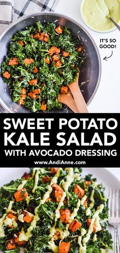 sweet potato kale salad with avocado dressing is an easy and healthy side dish