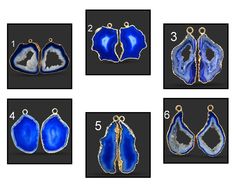 six pictures of different shapes and sizes of blue agate pendants with gold accents