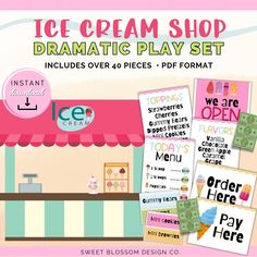 the ice cream shop dramatic play set includes over 40 pieces - printables and instructions